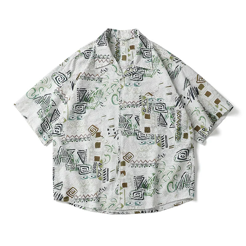 Hawaiian style Cuban collar short-sleeved shirt for men and women loose seersucker five-point sleeve floral shirt
