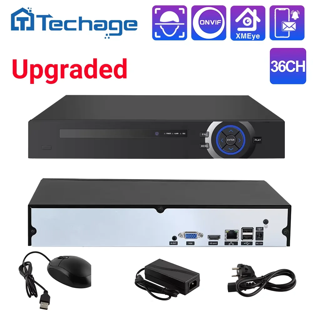 

Techage 36-канальный H.265 PoE NVR 4K 8MP 5MP Smart AI сетевой видеорегистратор с функцией распознавания лиц, оповещением по электронной почте, поддержкой протокола Onvif и P2P