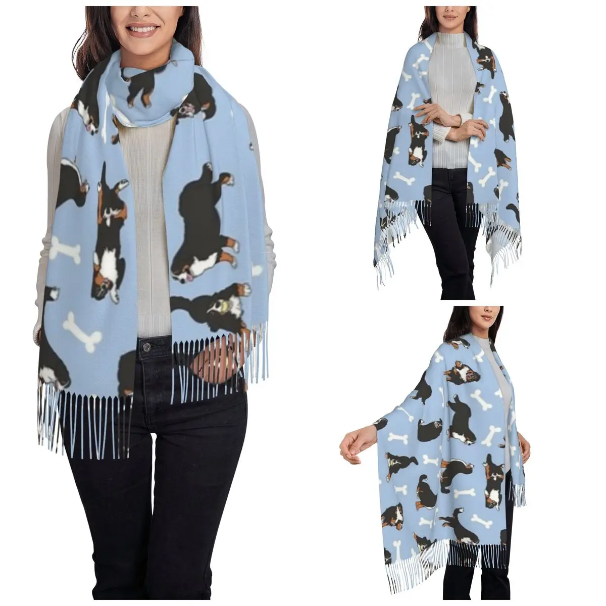 Playing Bernese Mountain Dog Scarf for Womens Winter Warm Pashmina Shawl Wrap Cartoon cute animal Long Large Shawl Scarf Ladies