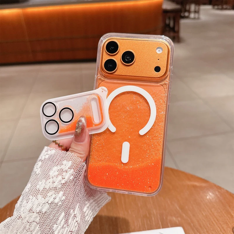 Magnetische Flüssigkeits-Quicksand-Linsenfolie Handyhülle für iPhone 17 18 Pro Max für MagSafe Trendige Sturzsichere Glitzer-Schutzhülle – Detail 2