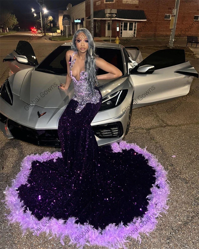 Dark Purple O Neck Long Prom Dress For Black Girls Beaded Crystal Diamond Birthday Party Gowns Feathers Sequin Evening Dresses