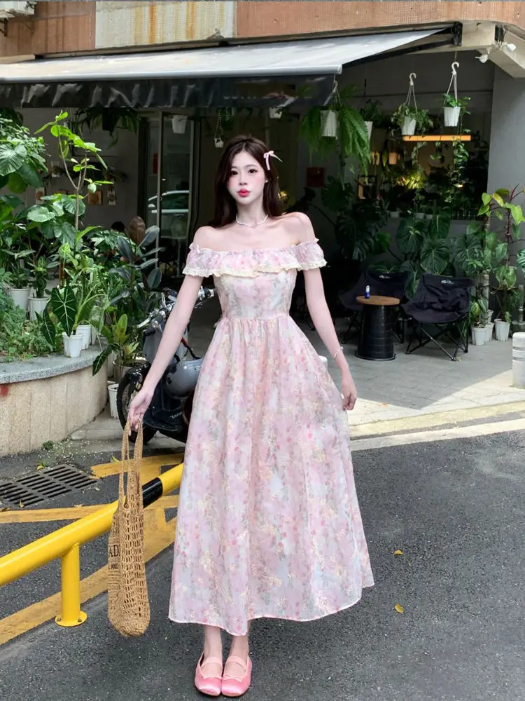 여성 프랑스어 레트로 꽃 스플 라이스 퍼프 슬리브 드레스 2025 여름 새로운 우아한 스퀘어 넥 허리 라인 긴 드레스