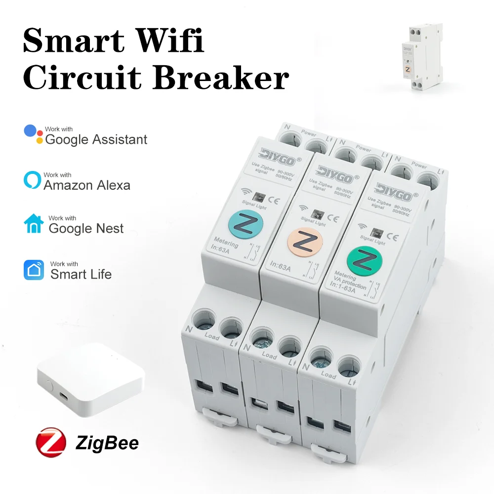 

63A 1P+N ZigBee Wifi Smart Circuit Breaker DIN Rail Power Metering Protector DGB-63Z Home Wireless Voice Remote Control Switch
