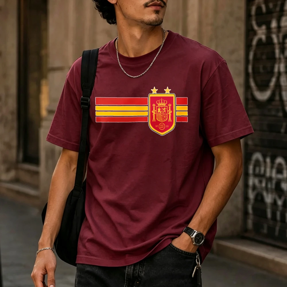 Spain Two Star National Crest Horizontal Flag Strip Men Cotton T-Shirt Minimal Country Team Simple Badge Graphic Short Sleeve