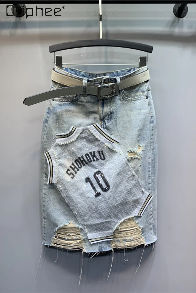 Denim Midi Skirts Jersey Design Patchwork Ripped Wrap Hip Sequin Pearl A Line High Waist Long Jeans Skirt Streetwear Fashion