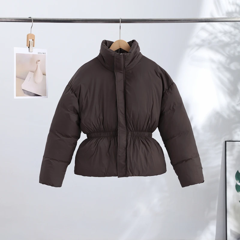 Back Half Zip Women's Winter Puffer Jackets Elastic Waist Ruffle Hem Cropped Padded Coat Loose Long Sleeve Warm Outerwear