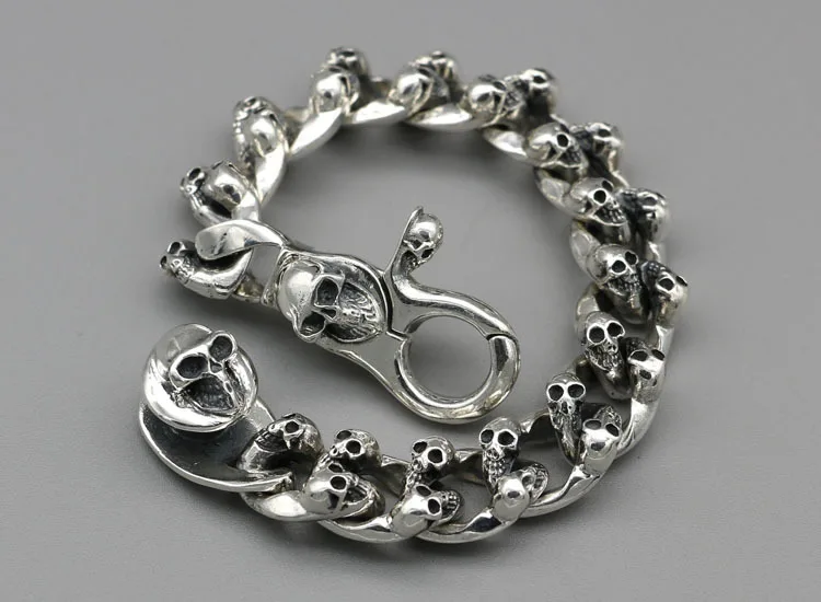 European and American personality trendsetter 925 sterling silver skull rough wide face bracelet domineering men's Thai silver j