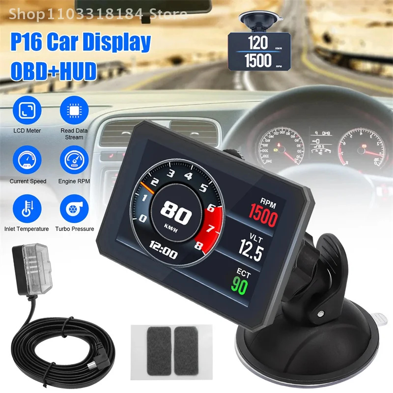 جهاز قياس رقمي ذكي OBDII P16 لوحة قيادة إجمالية الأميال عرض عداد السرعة الرقمي متعدد HUD فولت درجة حرارة الماء #2