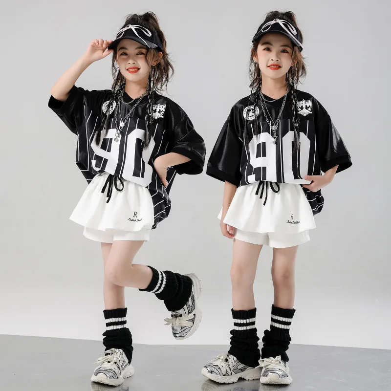 

Kid Kpop Hip Hop Clothing Black V Neck Striped T Shirt White Street Pleated Skirt Shorts for Girls Jazz Dance Costumes Clothes