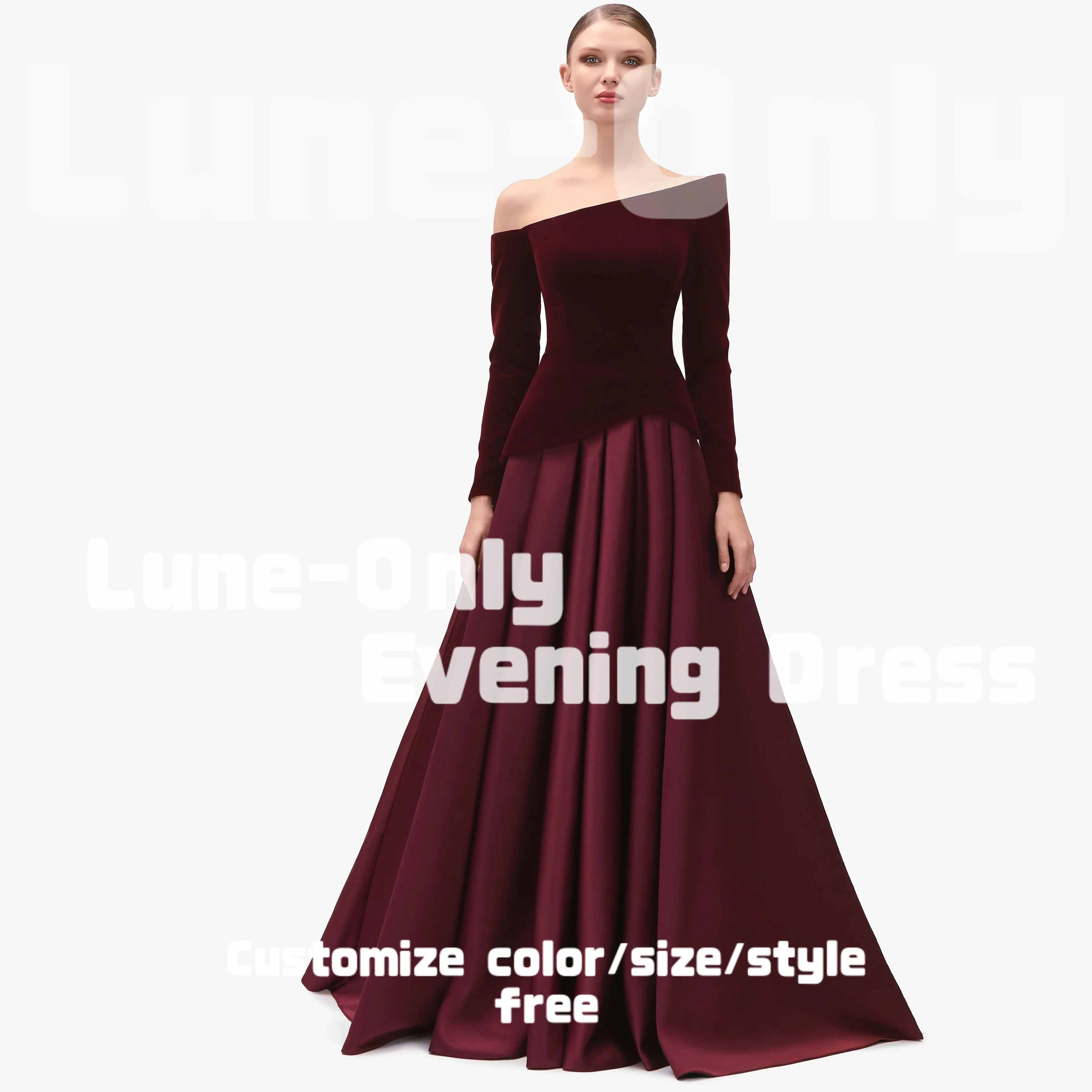 カスタマイズされた長袖オフショルダーバーガンディイブニングドレスフォーマルな機会のためのベルベットサテンドレープウエディングドレスパーティードレス