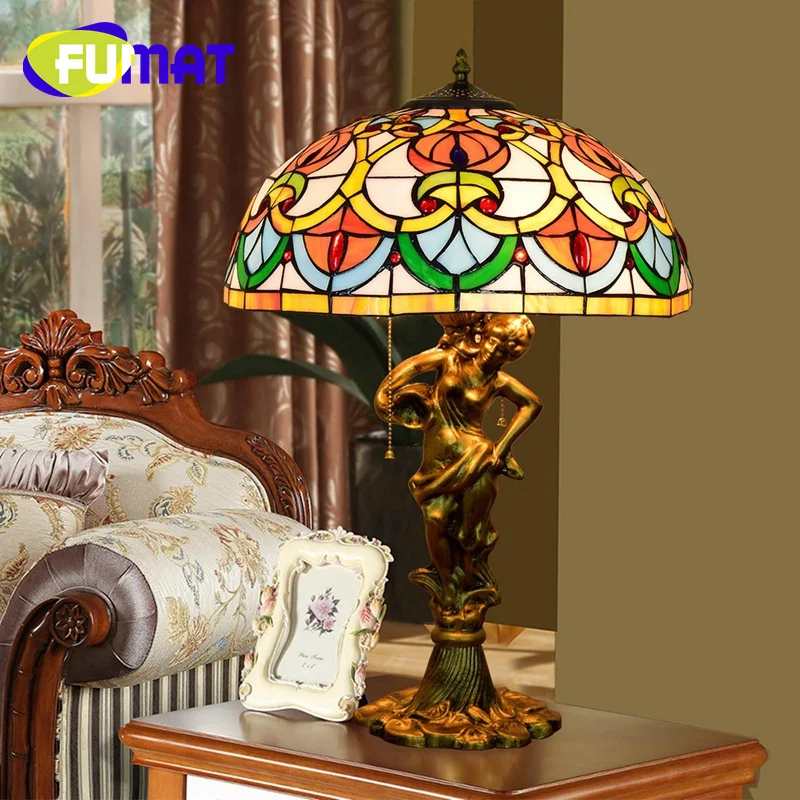 

FUMAT Tiffany peach beads retro style stained glass desk lamp Art Deco hotel living room bedroom study task lamp