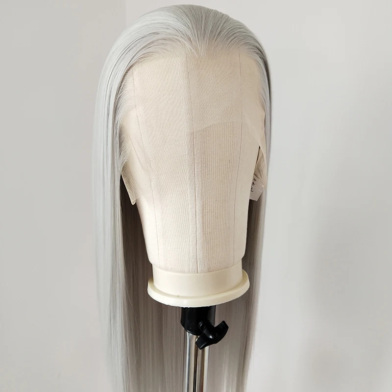 Wig Depan Renda Abu-abu Perak untuk Umum 26 Inci HD Panjang Lurus 13*4 Renda Frontal Alami Sintetis Kualitas Tinggi untuk Cosplay