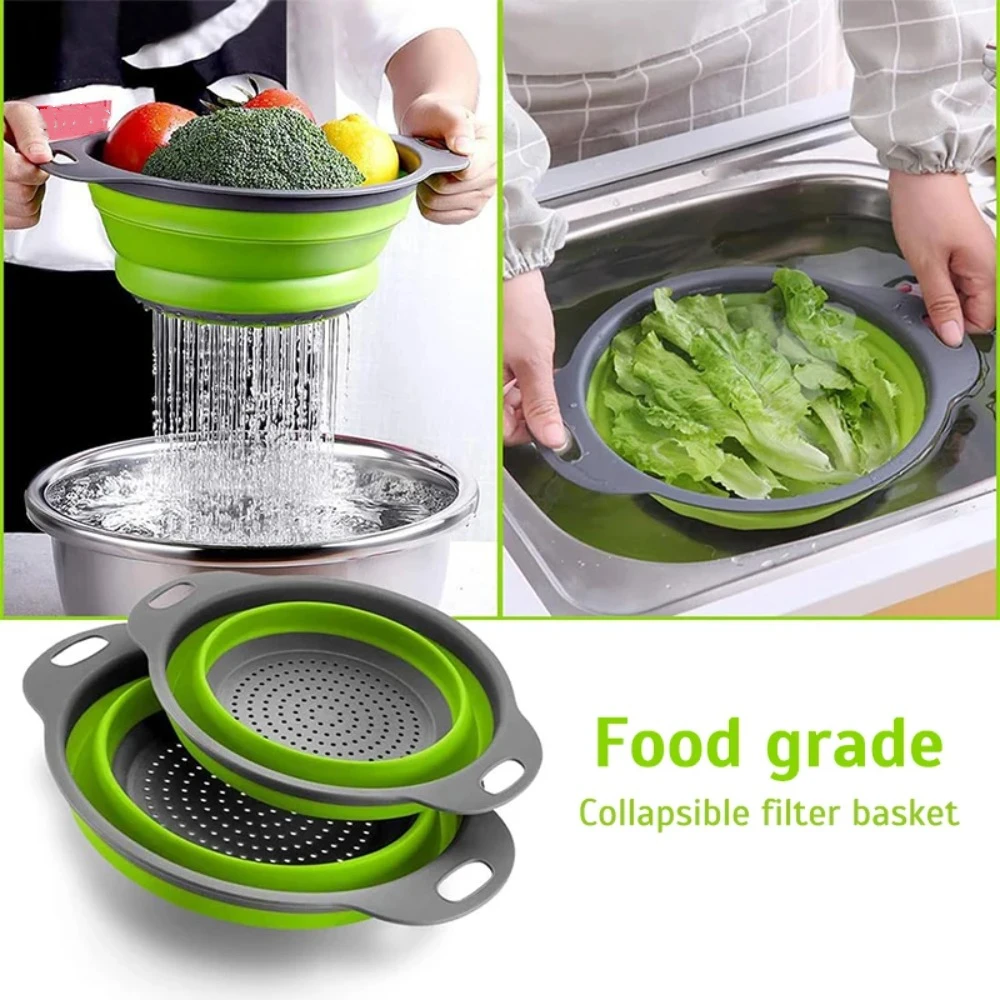 Foldable Vegetable Washing Drain Basket Silicone Kitchen Tool Folding Drain Basket Space Saving Round Water Filter Basket