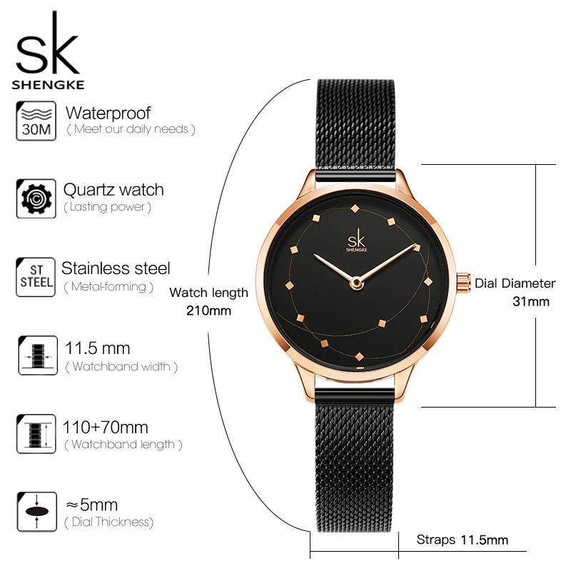 Shengke New Arrival Women Watch Black Quartz Wirstwatches Milan Meshband Ladies Watches Montre Femme Gifts Clock Reloj Mujer