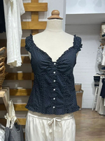 Polka Dot Navy T-shirt Blouse Woman Summer Single Breasted Folds Ruffles Short Puff Sleeve Slim Tee Tops Female Cotton Shirt Y2k