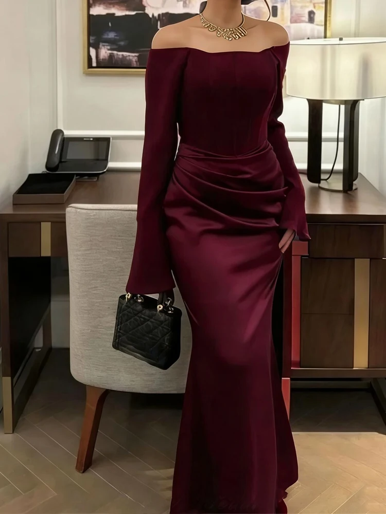 فستان سهرة أنيق جديد للربيع والصيف بخصر مرتفع وتصميم ملفوف حول الورك، فستان سهرة مثير بكتف واحد مع طيات، فستان حفلات أنيق بلون موحد من الساتان