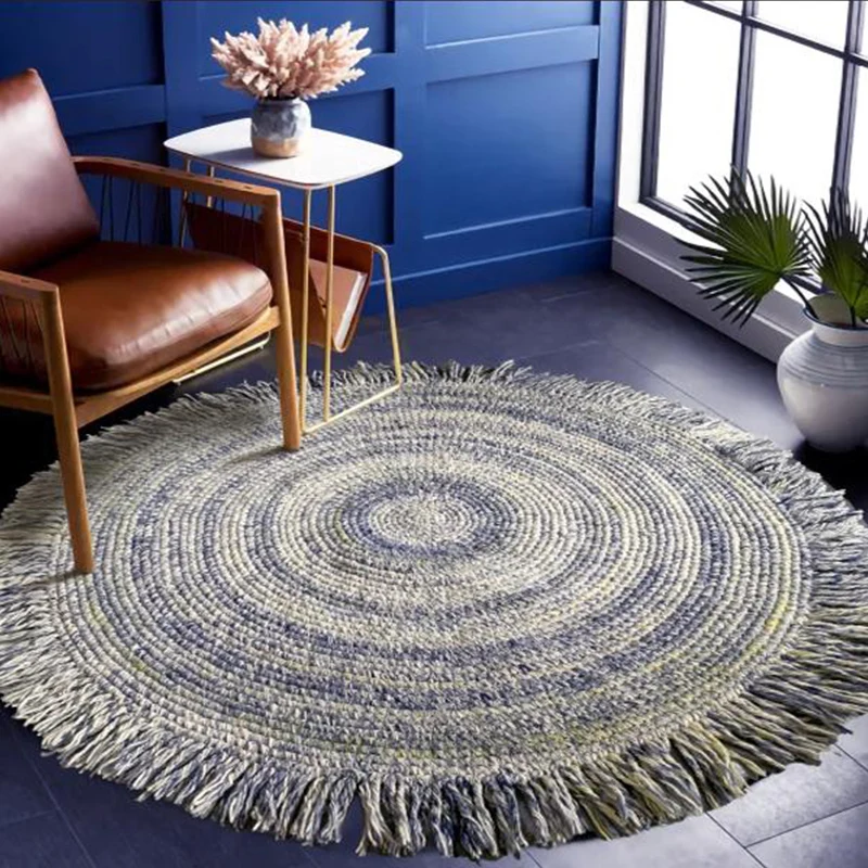 Vintage Round No Glue Carpet Cotton Woven Chair Floor Mat Tassel Living Room Bedroom Round Rugs Ethnic Bedside Retro Blanket