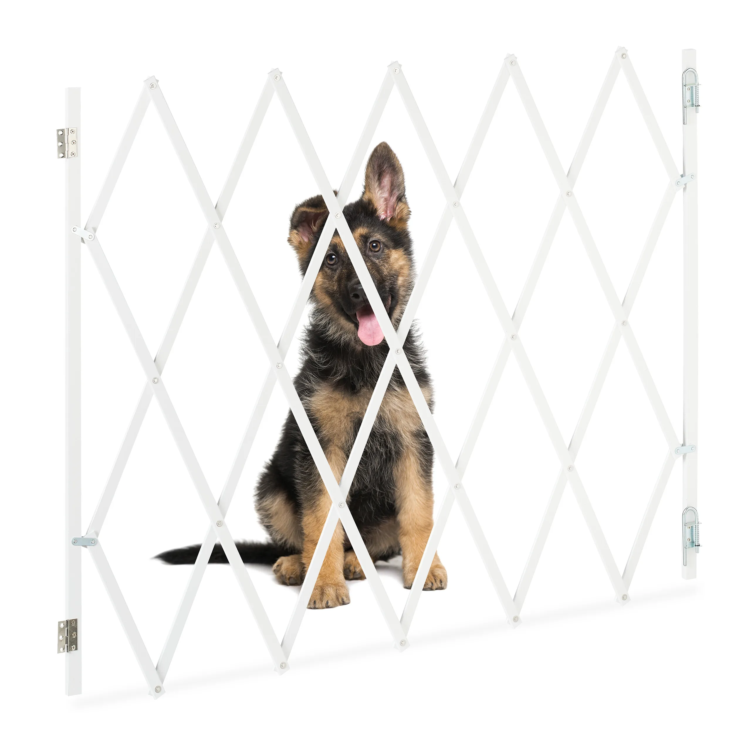 Cancelletto per cani, estensibile fino a 130 cm, per scale e porte, bambù e ferro, alto 87,5-100 cm, bianco, barriera di sicurezza, Relaxdays