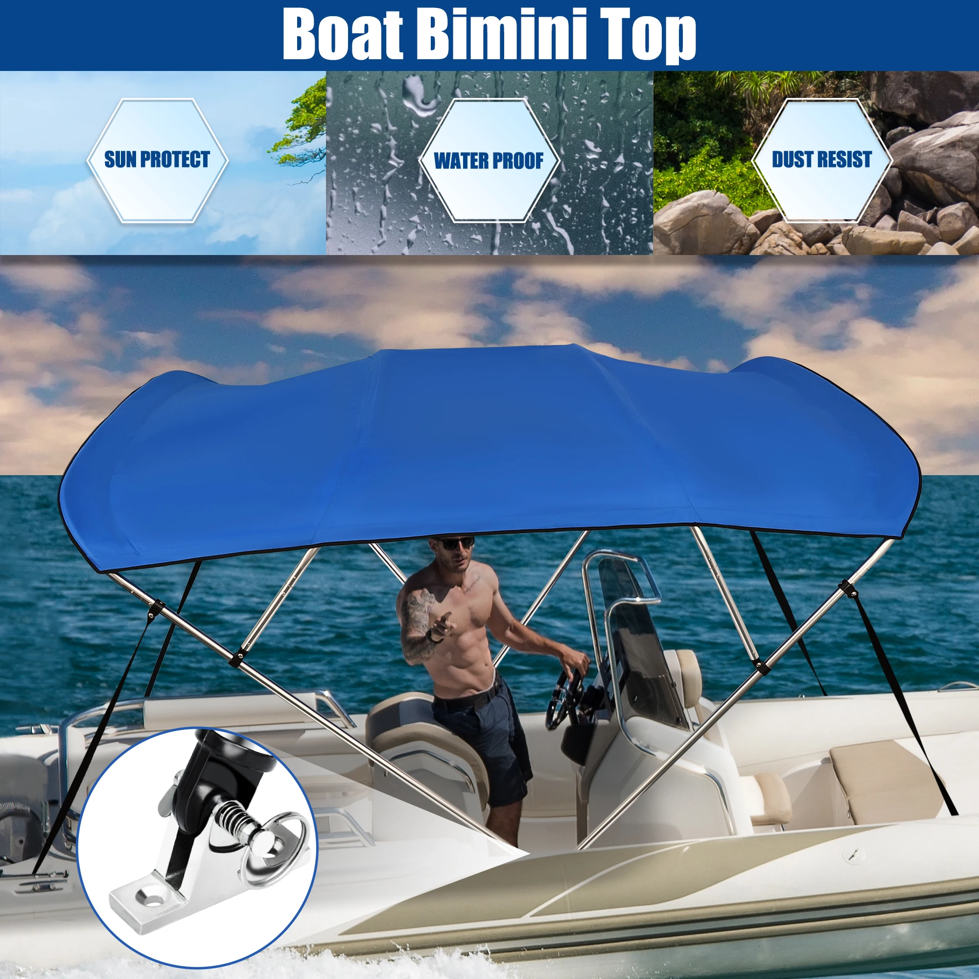 X Autohaux 4 Bow 600D Bimini Top Assembly Deck Hinges Mounting Hardware Storage Boot for Pontoon Boat Awning 8'L x 54