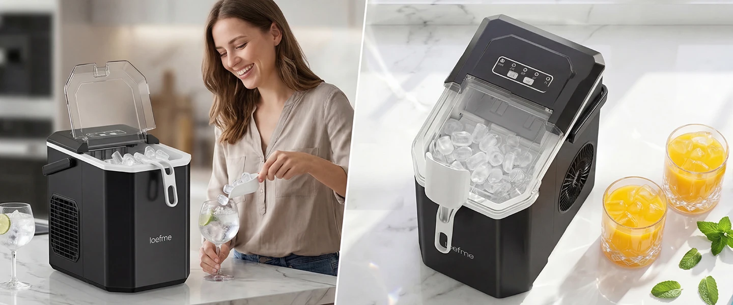 LOEFME 1,2 l tragbare Eismaschine, 12 kg/Tag, 9 Eiswürfel, selbstreinigende Eismaschine mit Eiskorb für Zuhause, Küche, Party, Camping – Detail 10