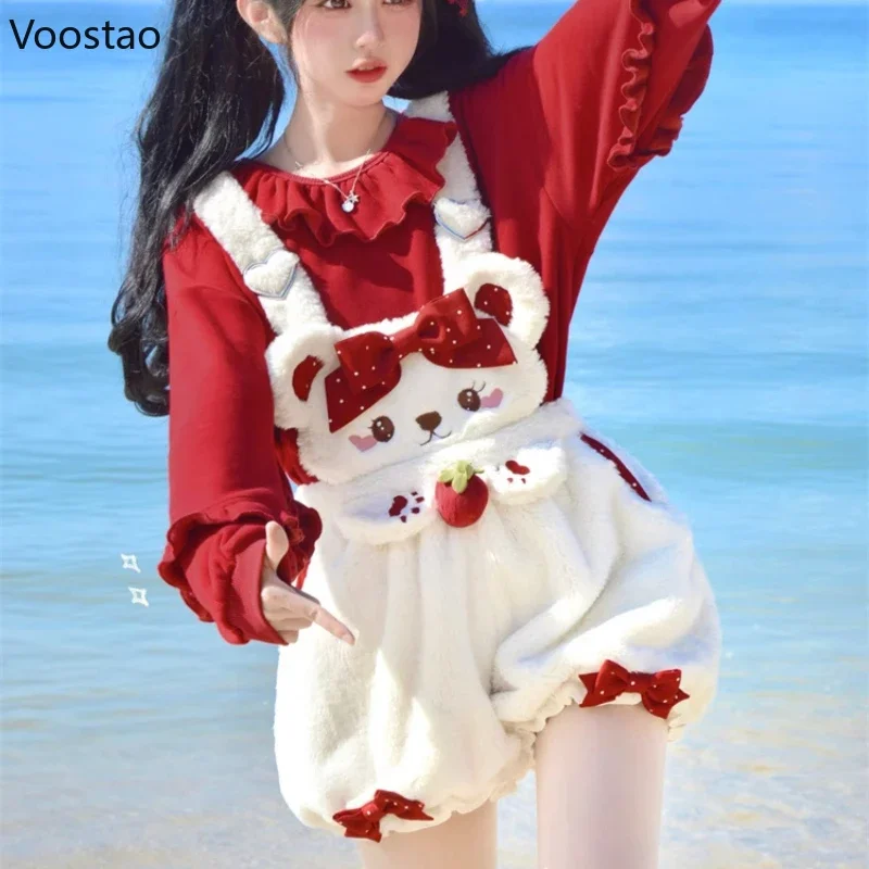 Imagem -02 - Shorts de Pelúcia Lolita Bonito Japonês para Mulheres Blusa Vermelha Doce Urso dos Desenhos Animados Arco de Morango Calças Curtas Meninas Y2k Bloomers Macacão