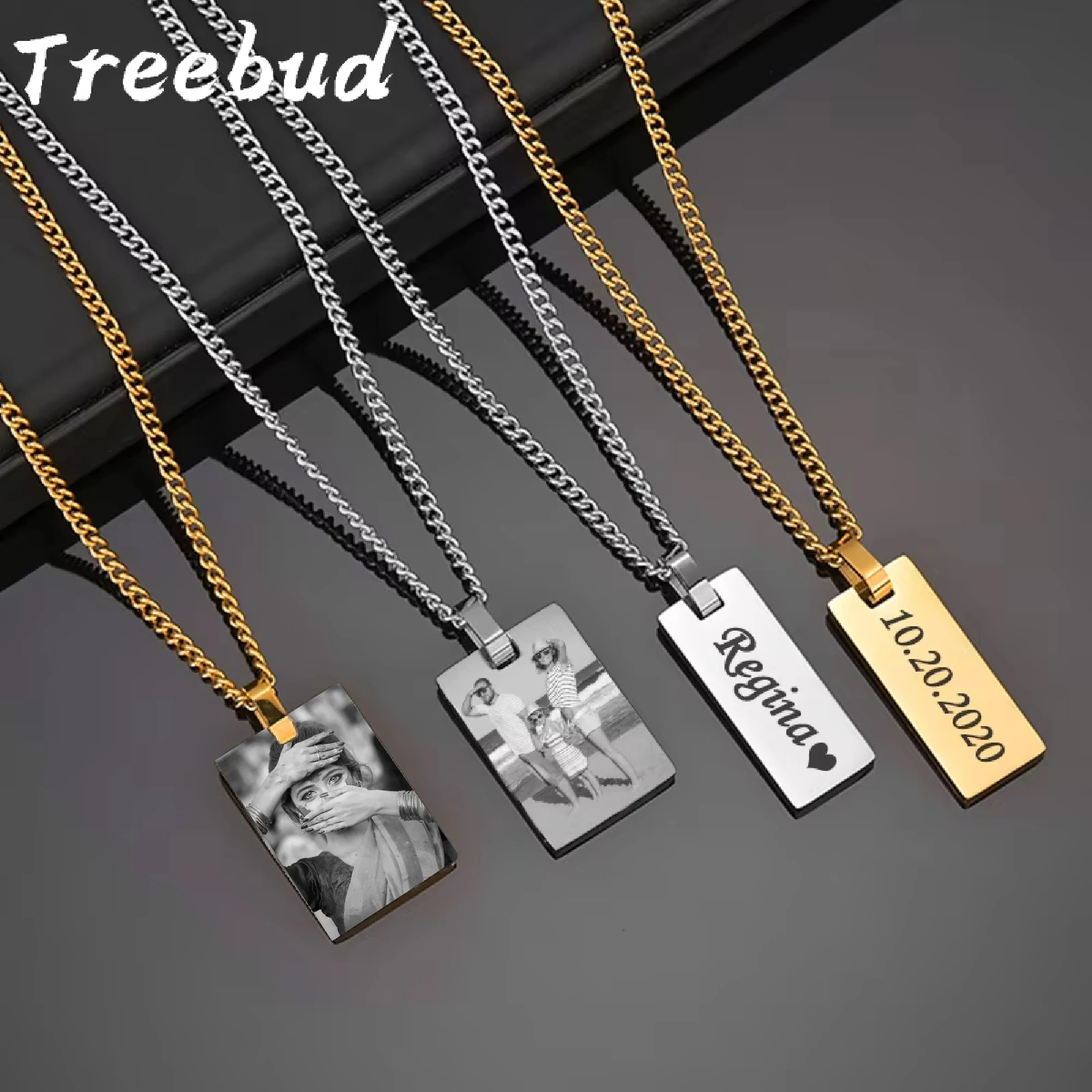 

Treebud Custom Engrave Photo Rectangle Pendant Necklace Stainless Steel Laser Engraved Logol Text Picture Choker Jewelry Gifts