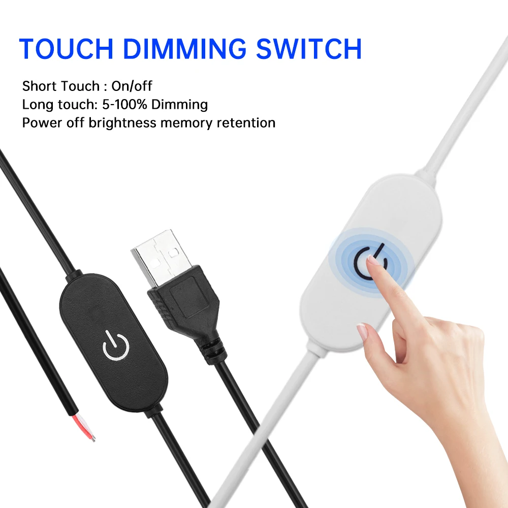 2A 5V USB Touch Dimming Switch Cable 1.5M Dimmer Controller for Single Channel LED Strip Lights USB 2.0A to 2 Wire Output 5-100%