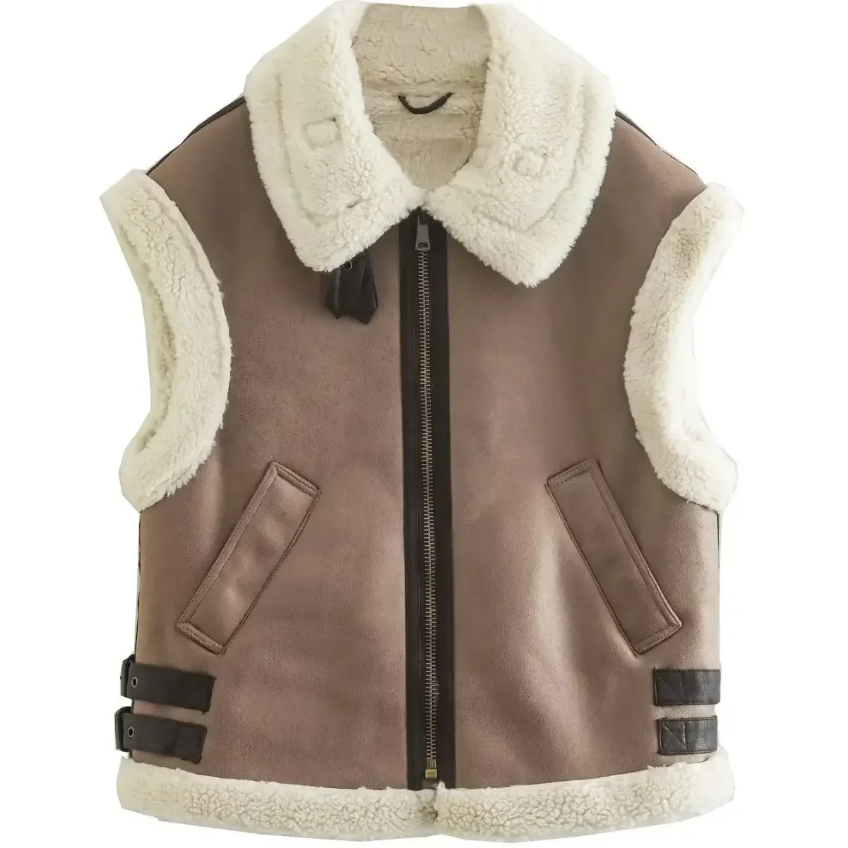 

Fur Vest Women Faux Sheepskin Fur Waistcoat Chic Lady Faux Leather Fleece Warm Vest Woman Sleeveless Jacket Fall Winter