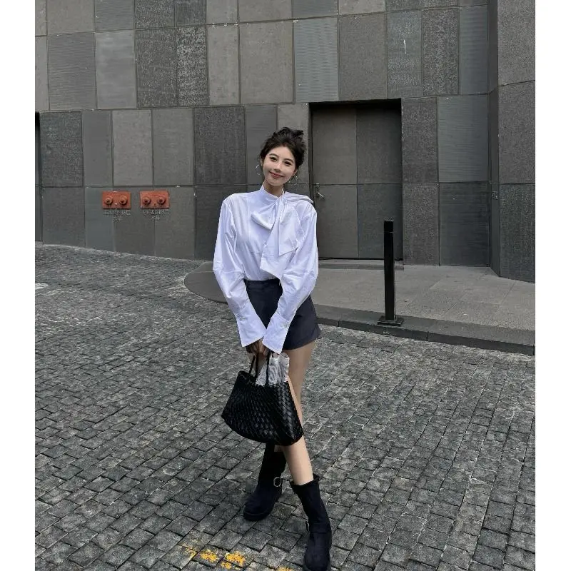 White Bow Lacing All-match Blouse Spring New Long Sleeve Simplicity Loose Korean Shirt Tops Fashion High Street Women Clothing