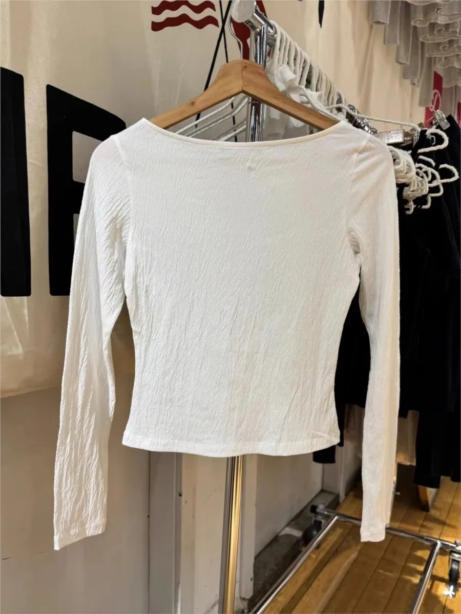 طيات الأبيض سليم كم طويل تي شيرت امرأة الربيع عادية مثير مائل الرقبة القطن الملمس تيز الحلو الأساسية بسيطة التي شيرت جديد OOTDS