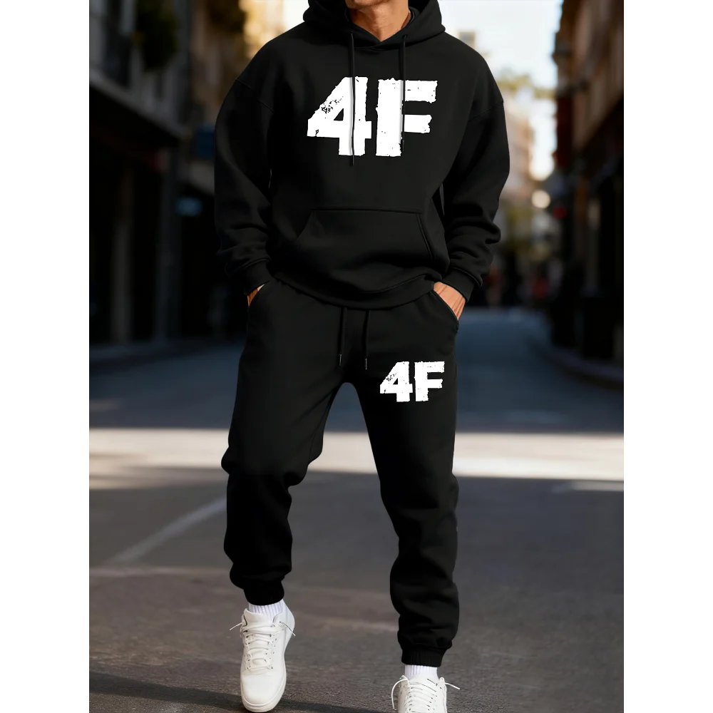 

Men's hooded suit and eye-catching 4F print, autumn two-piece casual set, winter sports pants, long street running streetwear