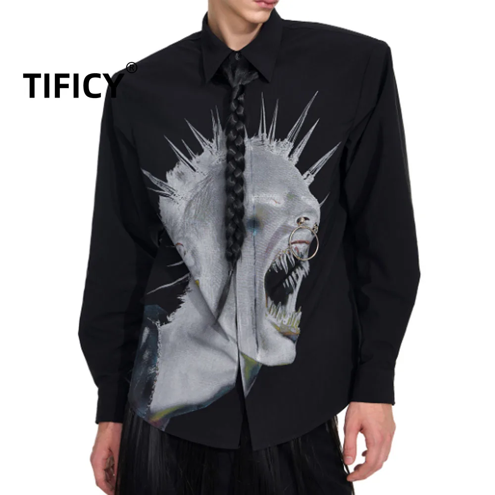 

High Street Shirts Tops Men's Portrait Print Shoulder Pad Long Sleeved Shirt Early Autumn Slim Fit Black Fashion Shirt