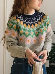 Vintage Knitted Pullovers Sweaters Women Autumn Warm 2023 New Fashion Patchwork Casual Loose Jumpers Long Sleeve O Neck Sweater