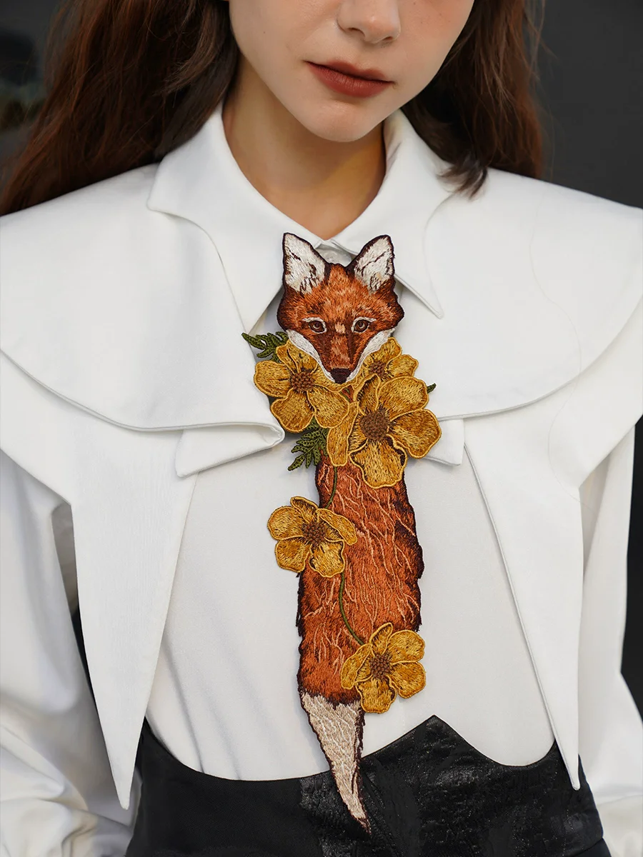 Original Design Women Vintage Playful Design Red Fox and Flower Embroidered Contrast Clock Neck Tie