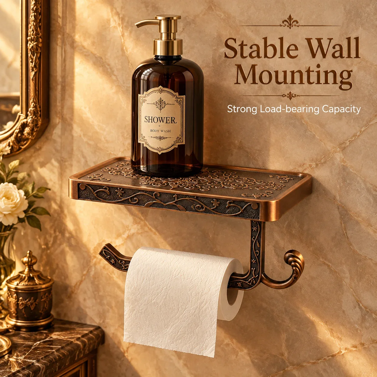 Carved Bathroom Tissue Holder with Aluminum Alloy and Mobile Phone Storage Platform, Red Antique Copper Wall Mounted Toilet Pape