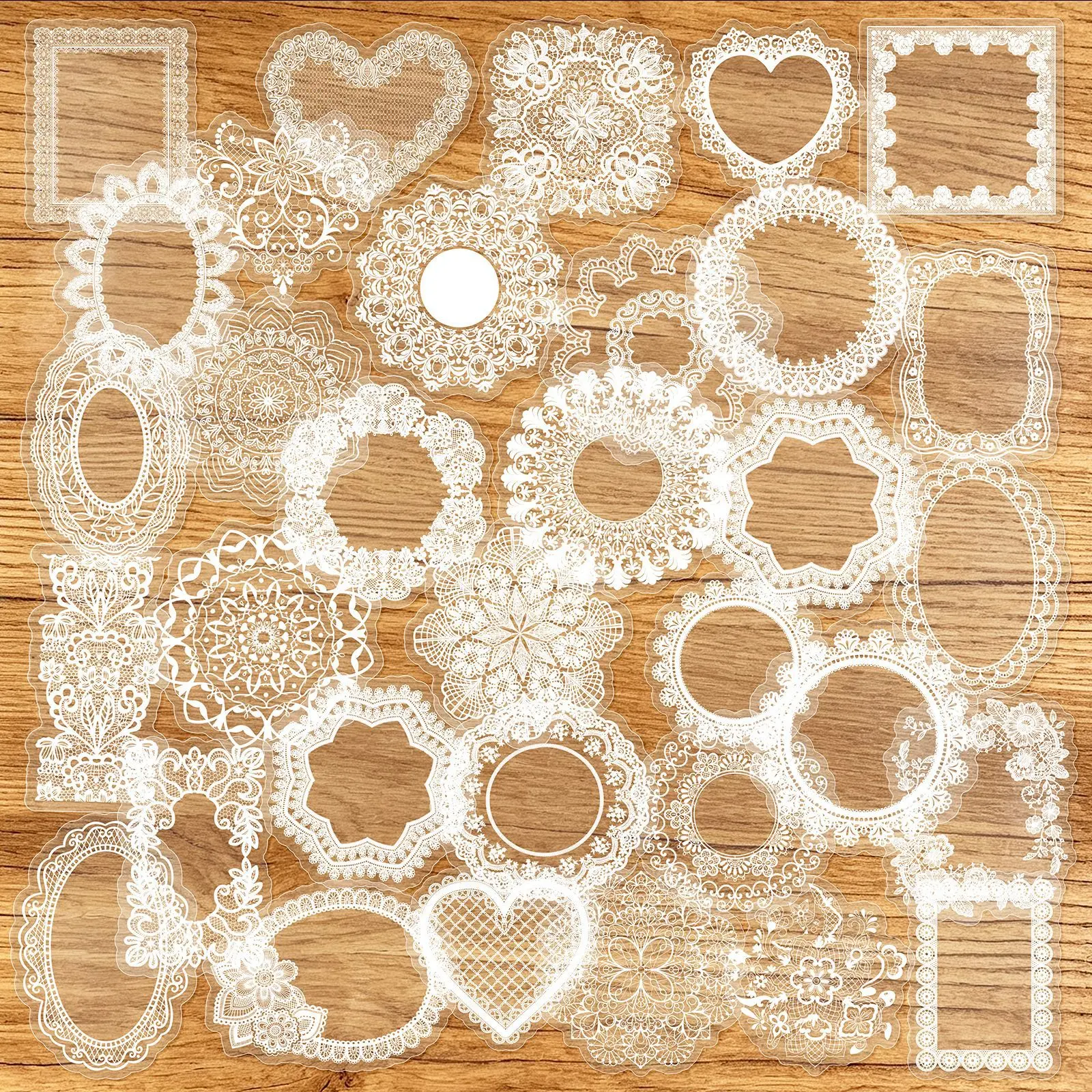50PCS Transparent Lace Border Retro White Flower Frame Exquisite Stickers Hand Account Material Guka Decorate Non Repeated Decal