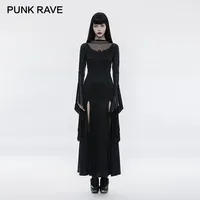 PUNK RAVE Gothic High Cross Crackle Split Long Dress Collar Buttons Vintage Lace Decals Knit Mesh Hem Women Black Clothing