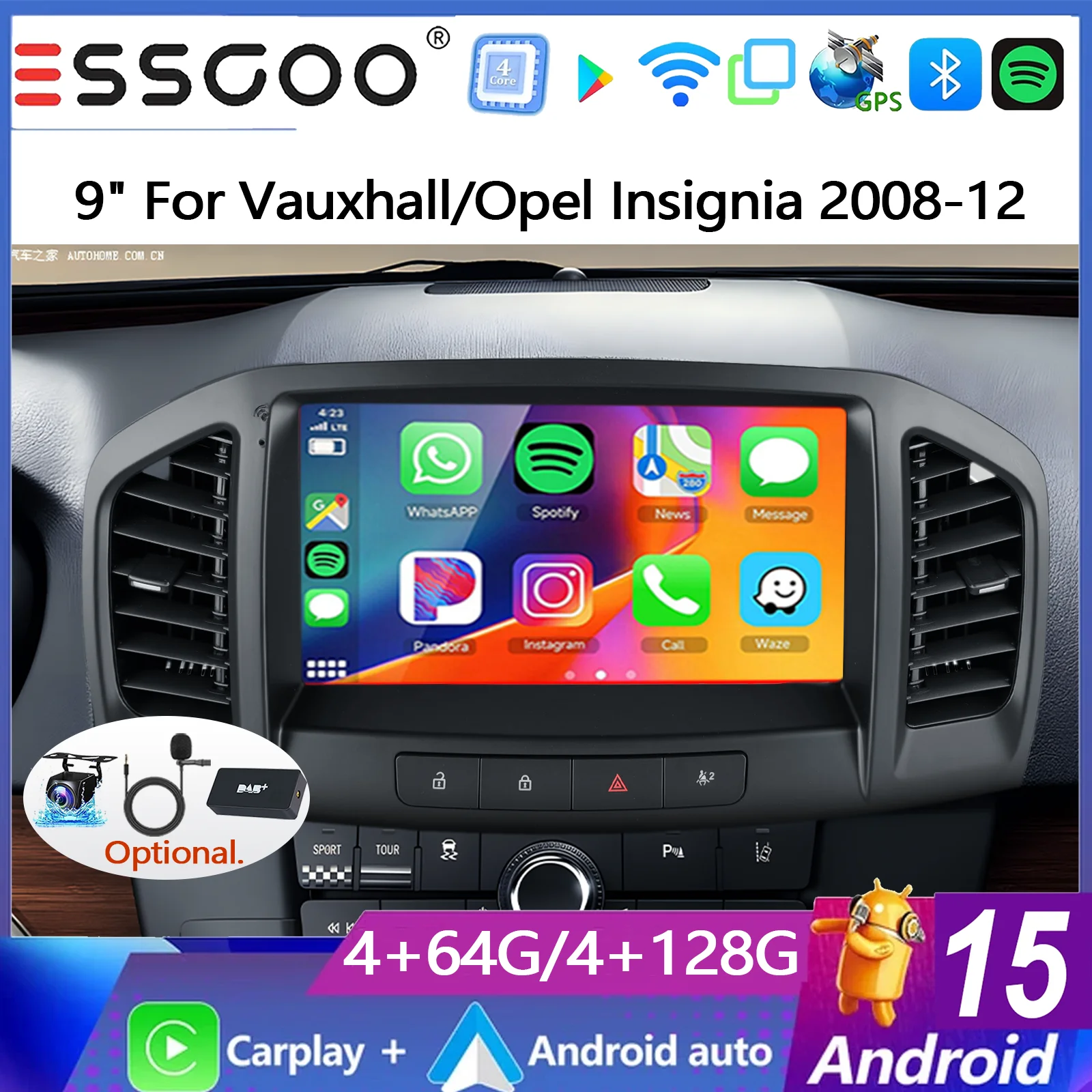 ESSGOO 9 Zoll 4+64G/4+128G Android 15 Autoradio für Opel Insignia 2008-2012 Buick Regal 2009-2013 mit kabellosem Carplay, Android Auto, GPS-Navigation, Bluetooth, FM, SWC, Wifi, RDS, ASP, EQ, IPS