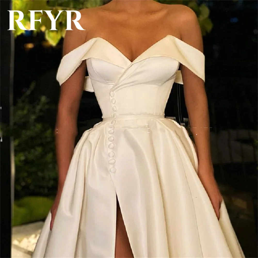 RFYR White Off the Shoulder Evening Dress Gown A Line Button Ball Gown Stain Night Dresses Gown with Side Split robes de soirée