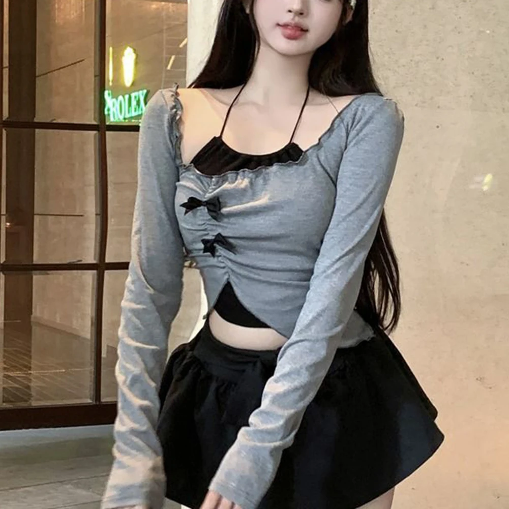 Irregular Design Hot Girl Style Gray Bow Detail Long Sleeve Top Bow Detail Slightly Elastic Solid Color Pattern