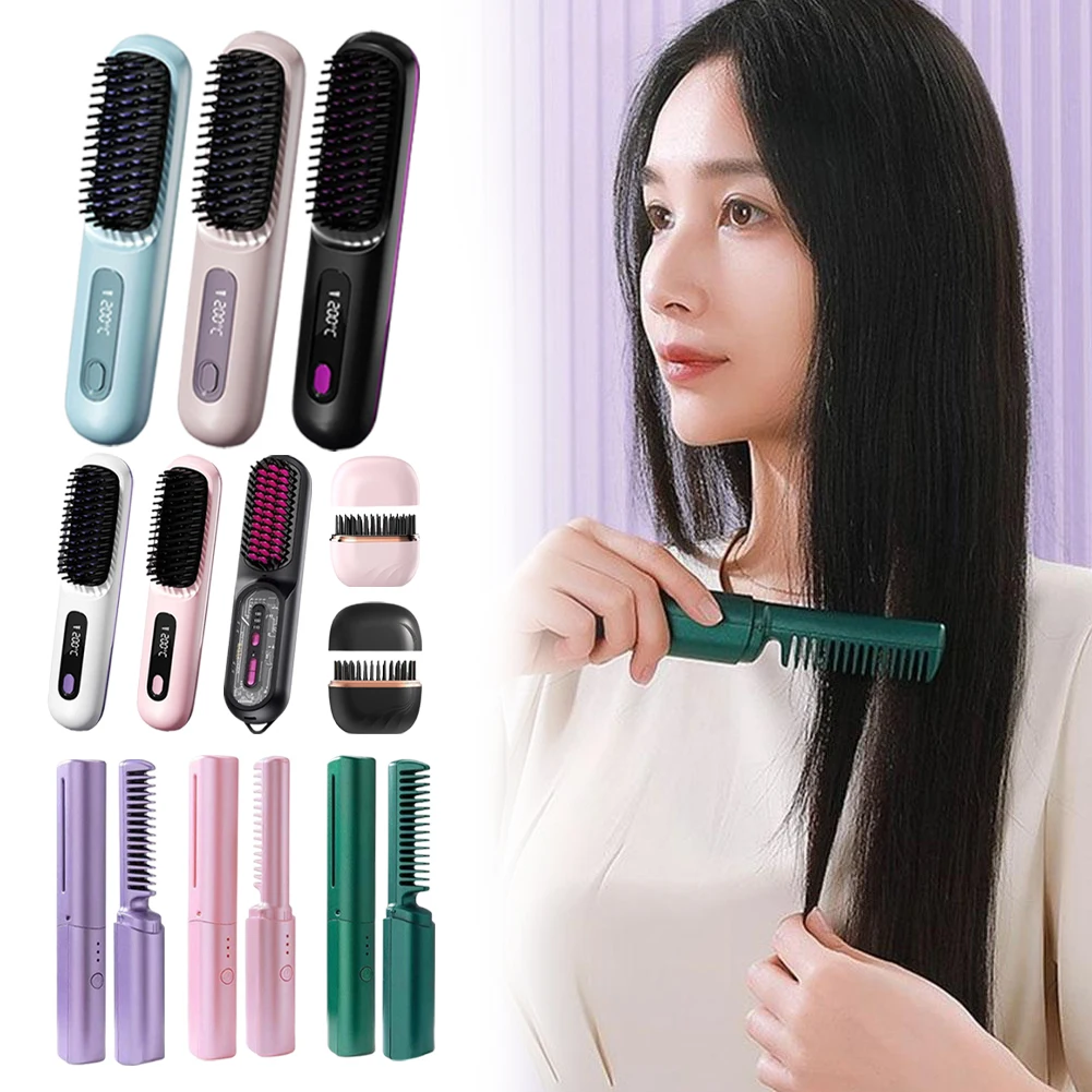 تسخين سيراميك LCD كهربائي مع 3 مستويات للتحكم في درجة الحرارة، مشط شعر مستقيم، أداة تصفيف الأيونات السالبة المحمولة اللاسلكية