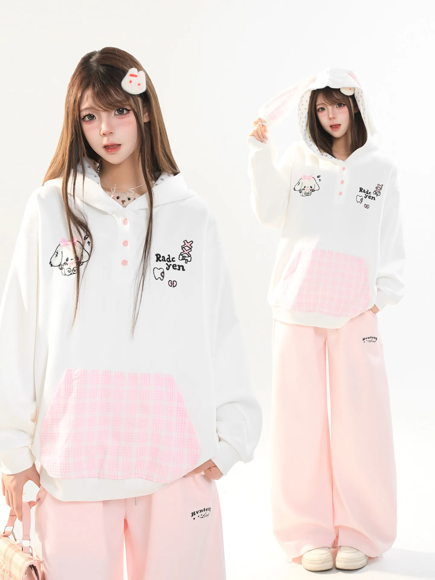 Cute Cartoon Plaid Splicing Rabbit Ear Hoodie Women's Spring Loose Slimming Overhead Shirt Standard Fit Embroidered Long Sleeve