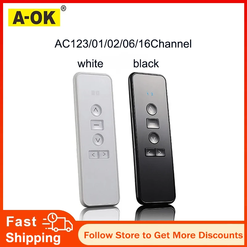 Control Remoto A-OK RF433 AC123-01 AC123-02 AC123-06 AC123-16 para Motor de Cortina A-OK RF433, Color Blanco/Negro, sin Batería
