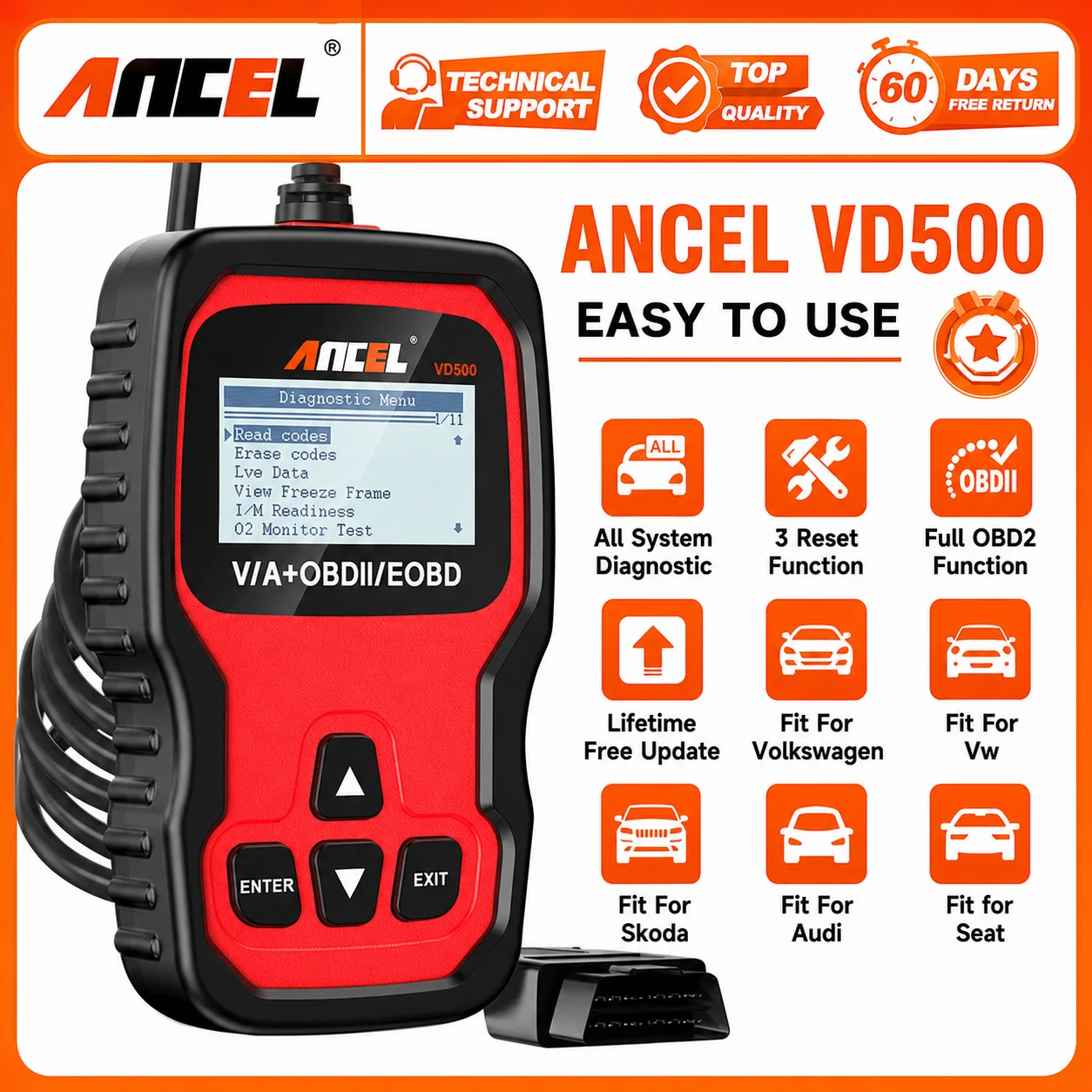 Scanner OBD2 ANCEL VD500 pour VW Audi Skoda Seat VAG, outil de diagnostic automobile, lecture et effacement des codes de panne, réinitialisation du service d'huile, apprentissage du contrôleur d'accélération, remplacement des plaquettes de frein EPB, mise à jour gratuite à vie.