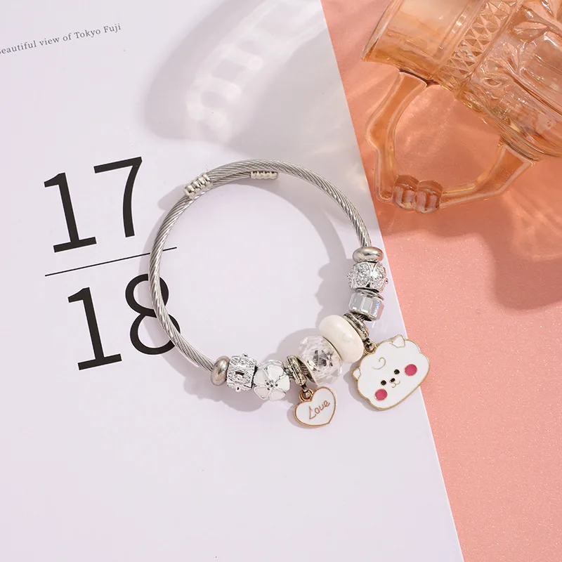 Cute Cartoon DIY Stainless Steel Bracelet Crystal Beads Bracelet Necklace for Male and Female Necklace Students