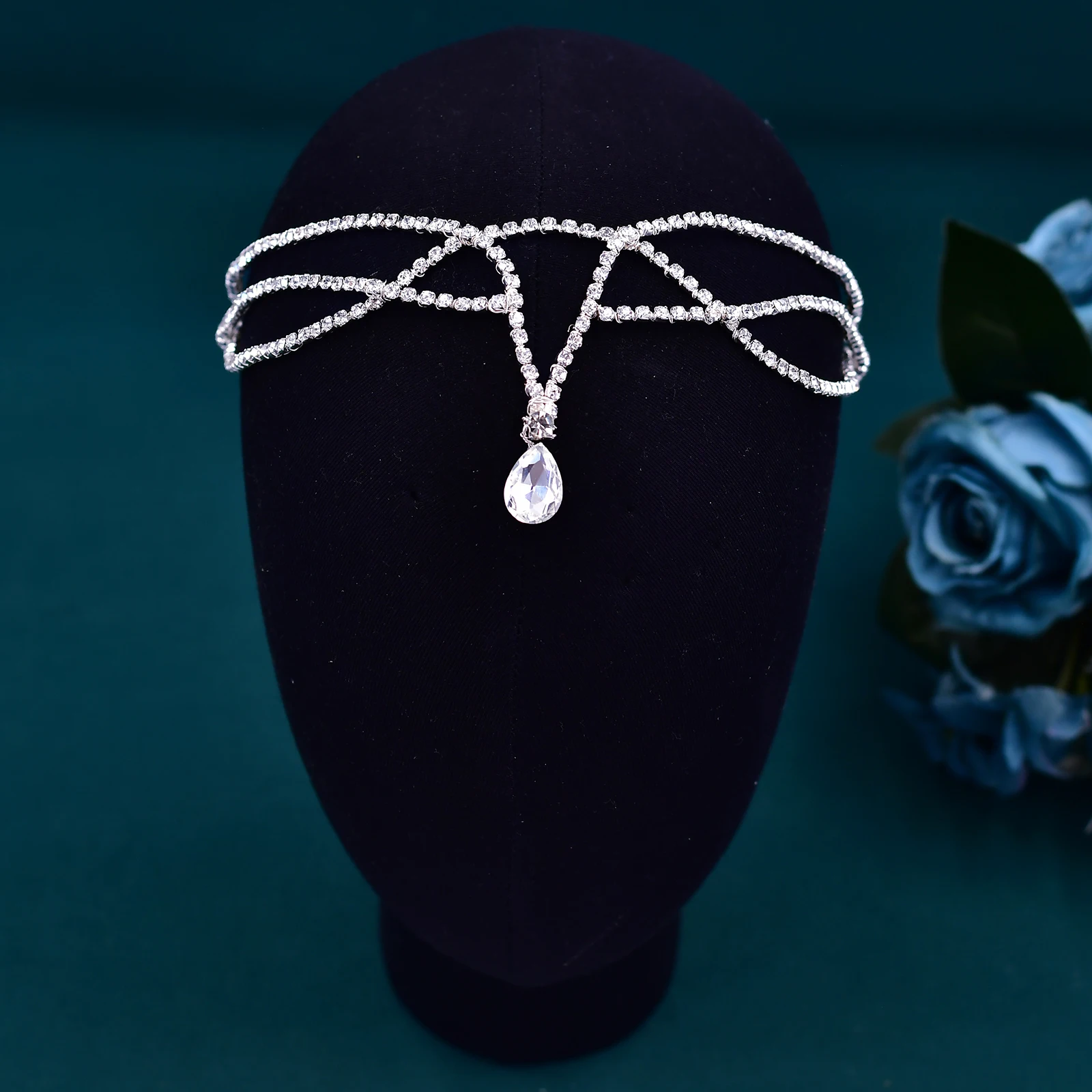 HP556 Elegant Rhinestone Wedding Forehead Headband Women Headdress Water Drop Bridal Head Tiara Bride Head Piece with Combs