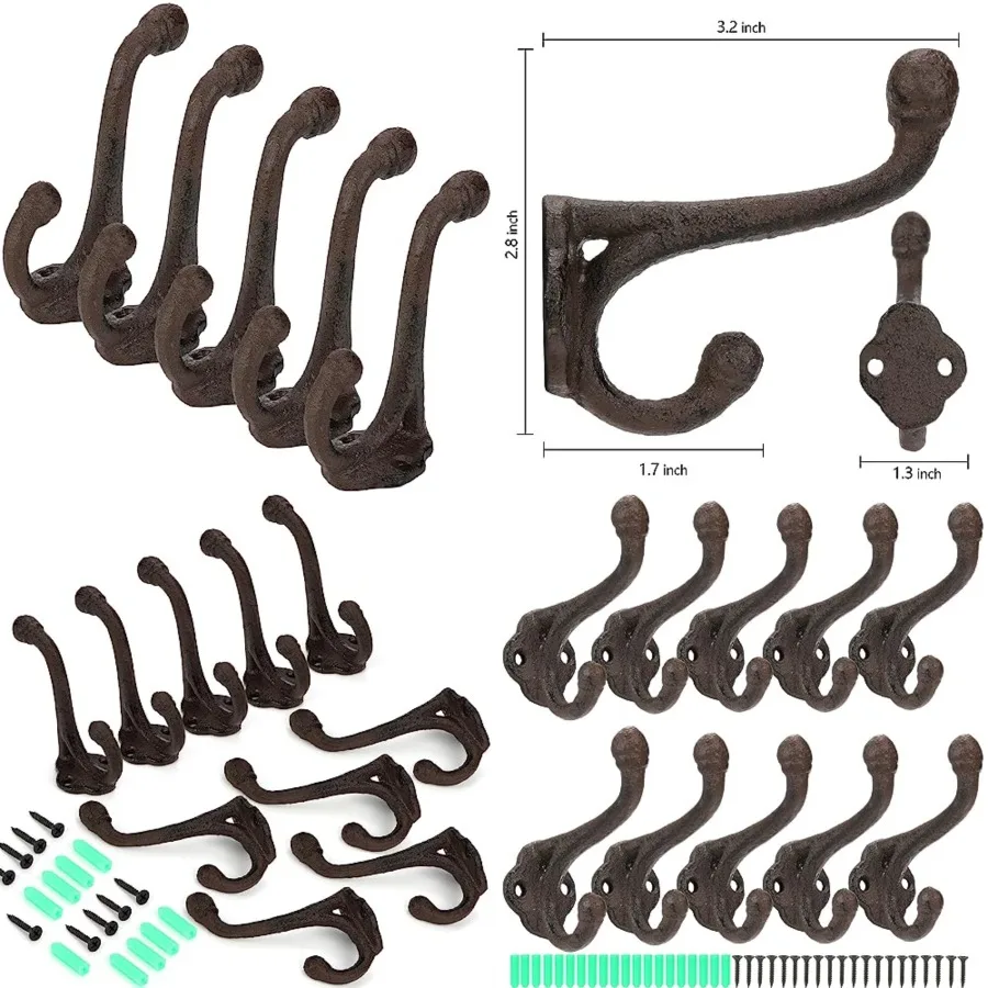 

10 упаковок чугунных крючков для одежды, деревенские настенные крючки для домашней прихожей, сверхмощные двойные крючки для подвешивания пальто, сумок, кепок, шапок, полотенец
