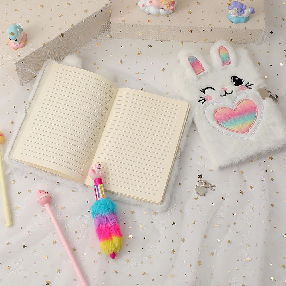 Plush Notebook Cartoon Bunny Notepad With Lock Diary Cute Gift Student Stationery Children\'s Girl Hand Account Book Lockable