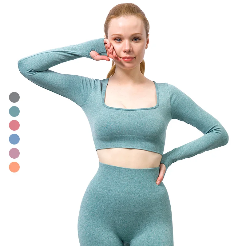 

Gym Clothing Bodybuilding Clothes U Neck Long Sleeve Crop Tops High Waist Leggings Set