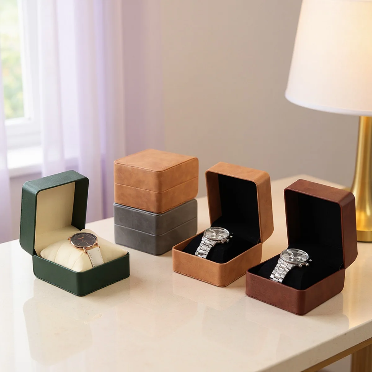 بو الجلود ووتش ماتي الوجه الساعات صناديق التخزين رجل امرأة مجوهرات المنظم التعبئة والتغليف المحمولة هدية ووتش مربع